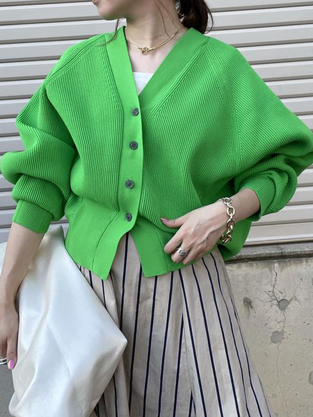 

Loose Plain Urban V Neck Long sleeve Sweater Coat, Green, Cardigans