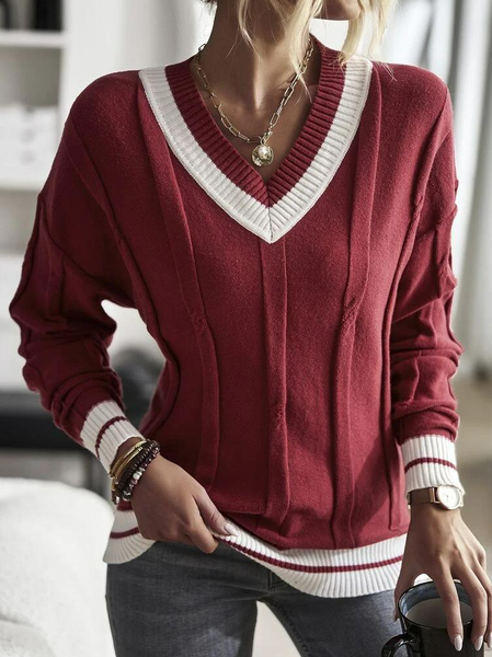 

Casual Color Block Contrast Trim Drop Shoulder Sweater, Wine red, Sweaters & Cardigans