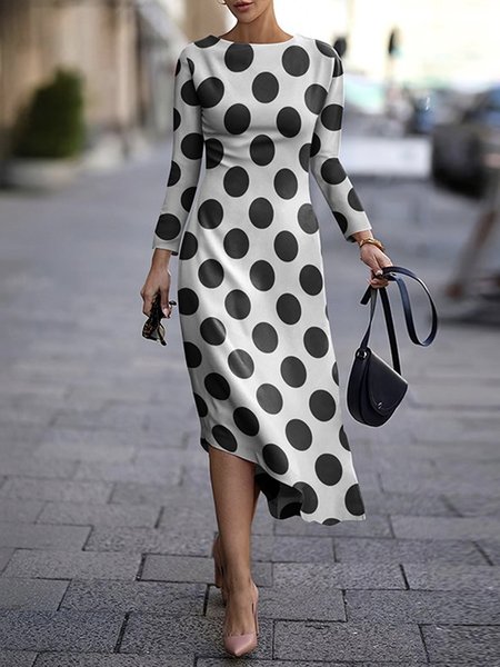 

Crew Neck Polka Dots Midi Dress, Black-white, Midi Dresses