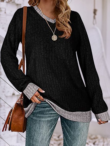 

V Neck Loose Color Block Top, Black, Tops