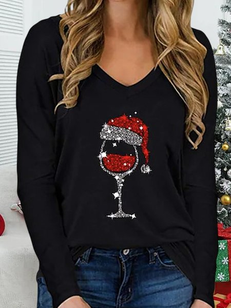 

Christmas V Neck Long Sleeve Top, Black, Tops