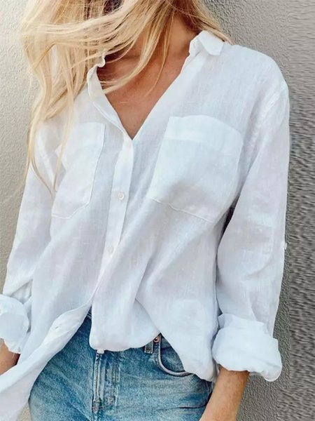 

Casual Cotton V Neck Buttoned Blouse, White, Shirts & Blouses