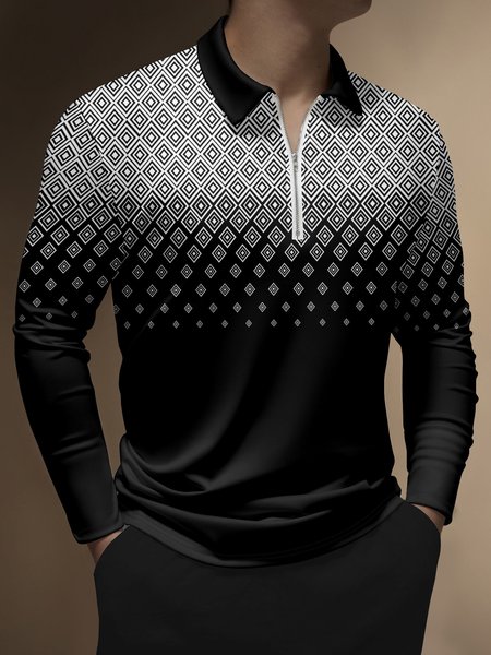 

Men's Geometric Gradient Zip Long Sleeve Polo Shirt Casual Art Collection Lapel Print Top, Black, Long Sleeve T-shirts