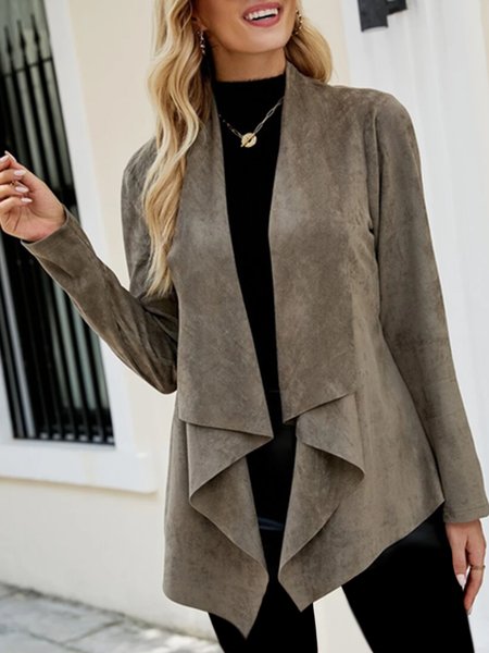 

Vintage Plain Loose Suede Cross Neck Coat, Brown, Outerwear