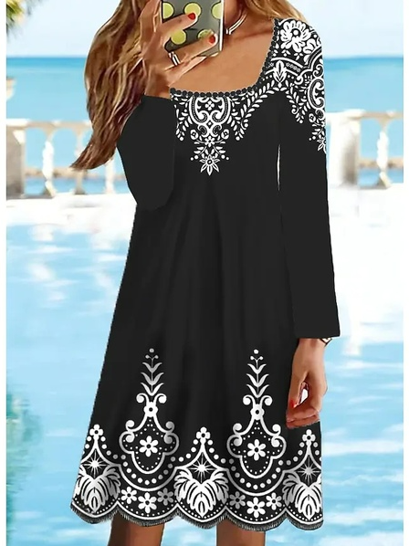 

Square Neck Casual Floral Dresses, Black, Dresses