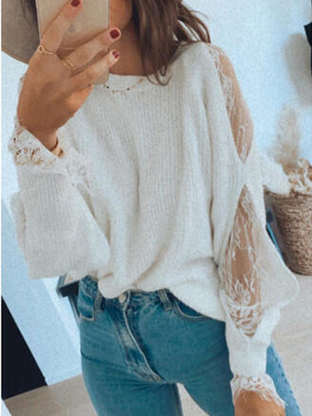

Plain Lace Casual Crew Neck Knitting Sweater, White, Sweaters & Cardigans
