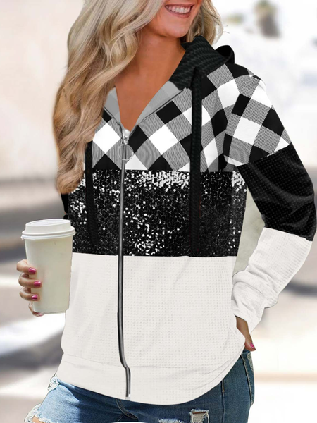

Casual Sequin Plaid Zipper Closure Black Hoodie, Multicolor, Outerwear