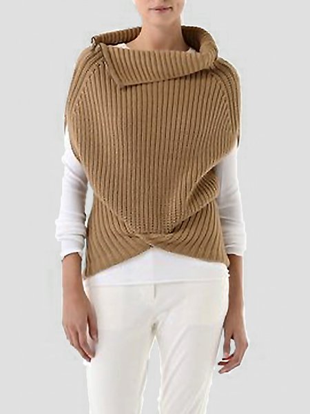 

Sleeveless Plain Asymmetrical Loose Sweater, Khaki, Sweaters