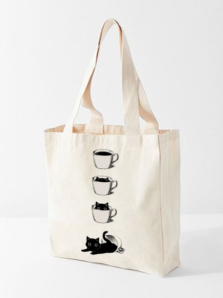 

Cup Cat Graphic Canvas Shopping Tote, White, Bags