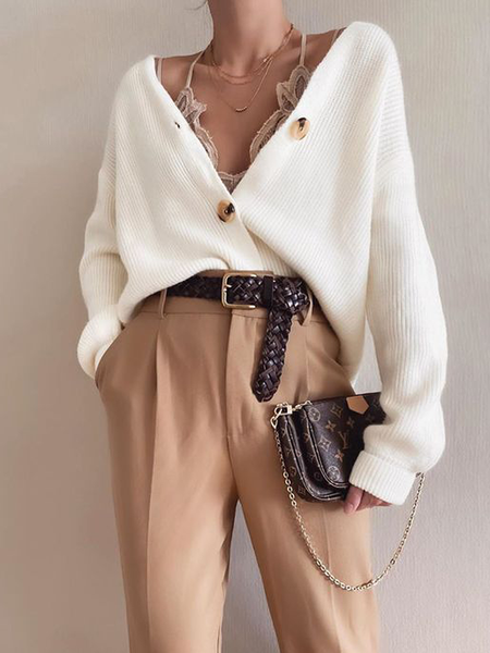

High Elasticity Loose V neck Long sleeve Sweater Coat, Off white, Cardigans