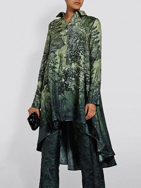 

Long sleeve Loose Shirt Collar Plants Blouse, Green, Blouses and Shirts