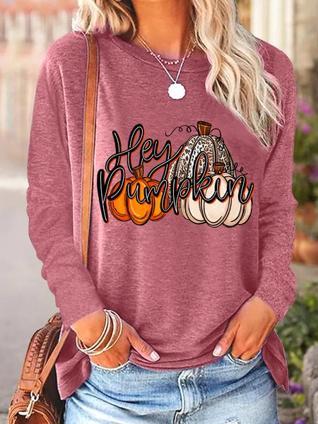 

Women Hey Pumpkin Halloween Thanksgiving Beige Orange Leopard Long Sleeve Top, Red, Long sleeves