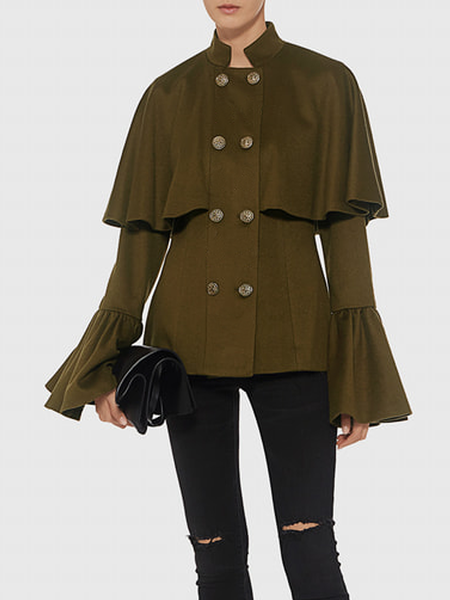 

Plain Loose Stand Long sleeve Collar Urban Overcoat, Deep green, Coats