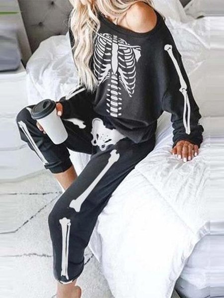 

Halloween Skull Floral Design Two Piece Set, Deep gray, Suit Set