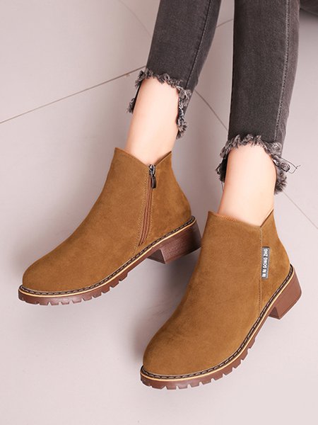 

British Style Round Toe Comfortable Zip Low Heel Booties, Brown, Boots