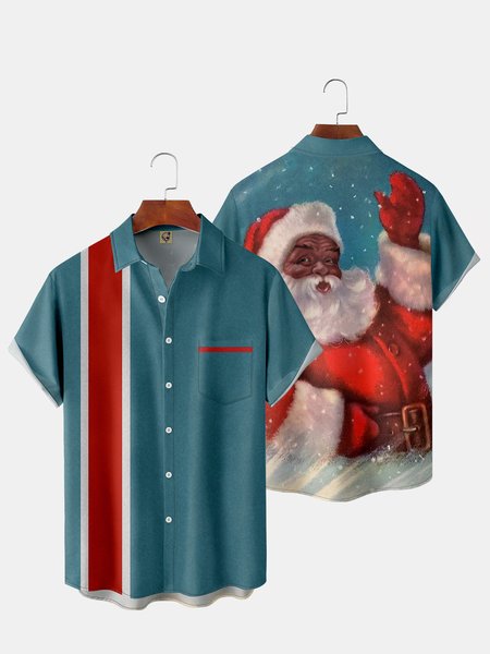 

Men's Back Christmas Print Casual Breathable Pocket Bowling Short Sleeve Shirt, Green, Short Sleeve Shirts