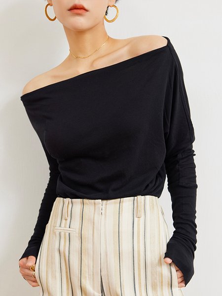 

Black Daily Long sleeve Cold Shoulder Plain T-Shirt, Tees
