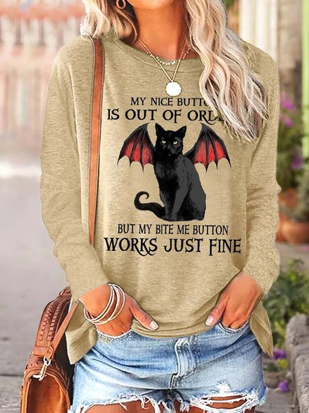 

Women Nice Button Bite Me Black Cat Bat Cotton-Blend Crew Neck Casual Top, Khaki, Long sleeves
