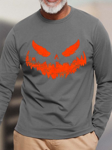 

Men Pumpkin Light Halloween Loose Cotton Crew Neck T-Shirt, Gray, Long Sleeves