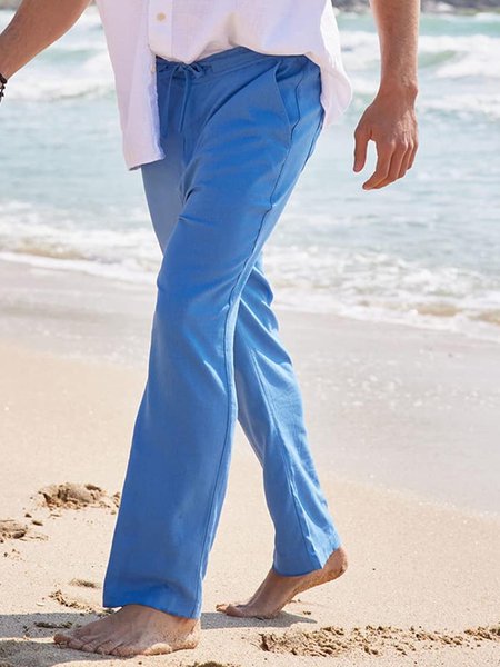 

Cotton and Linen Plain Hawaiian Casual Trousers, Blue, Men's pants