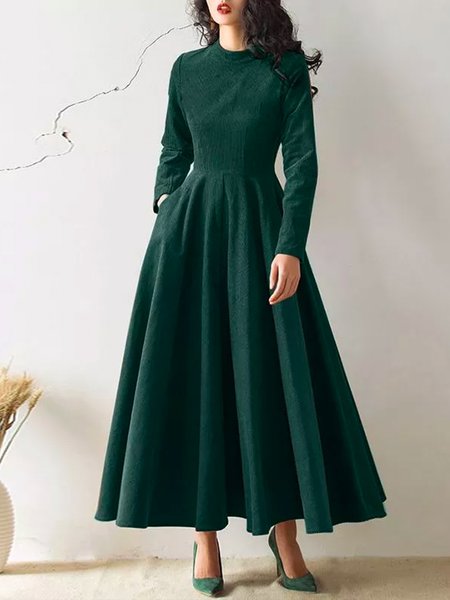 

Daily Midi Long sleeve Plain Elegant Crew Neck Dress, Green, Midi Dresses