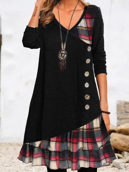 Casual Plaid Panel Loose Crew Neck Dress