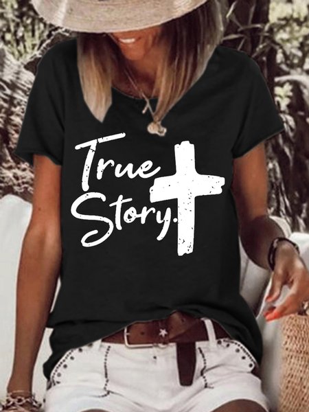 

True Story Jesus Women Text Letters T-Shirt, Black, T-shirts