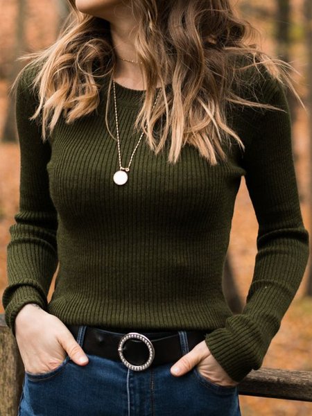 

Casual Regular Fit Crew Neck Sweater, Army green, Sweaters