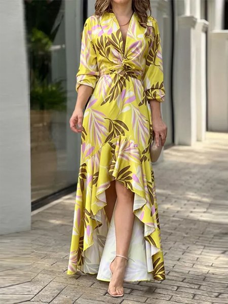 

Vacation Floral Long Sleeve Maxi Dress, Yellow, Maxi Dresses