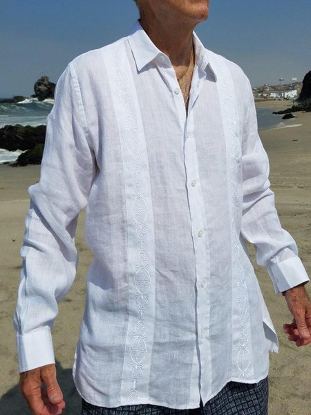 

Cotton Linen Embroidered Casual Long Sleeve Shirt, White, Long Sleeve Shirts