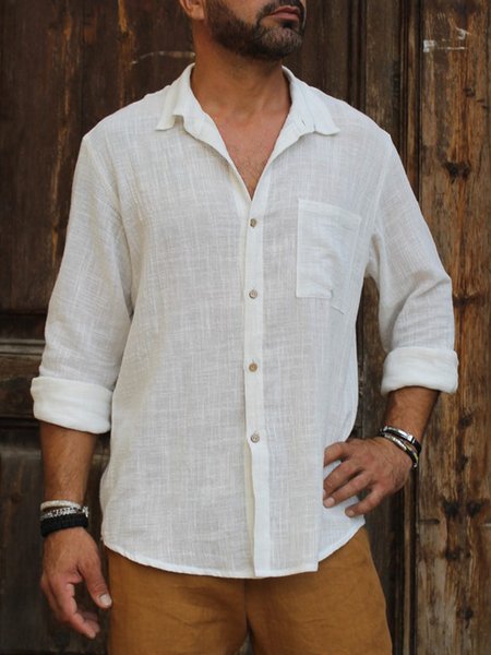 

Men's Cotton Linen Style Pocket Long Sleeve Shirt, White, Long Sleeve Shirts