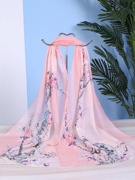 

Boho Floral Print Long Silk Scarf Bali Resort Scarf, Pink, Scarves