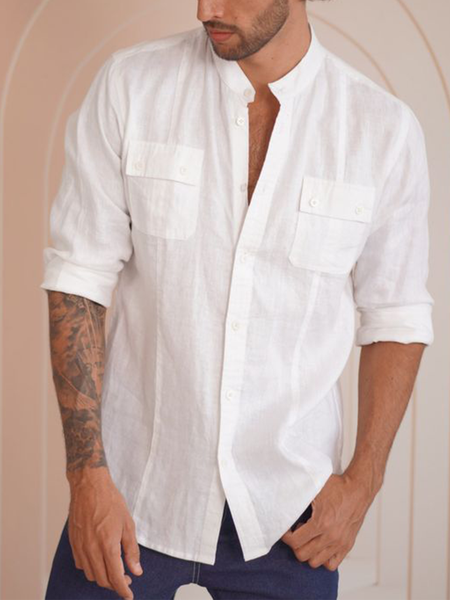 

Cotton Linen Style American Casual Linen Multi Pocket Long Sleeve Linen Shirt, White, Long Sleeve Shirts
