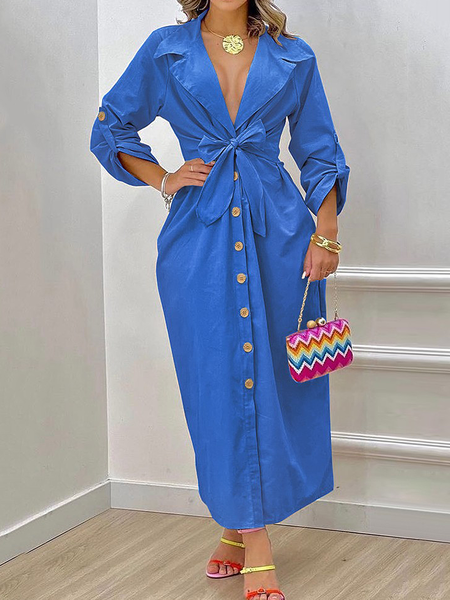 

Loose Lapel Collar Long sleeve Urban Long Dresses, Blue, Maxi Dresses