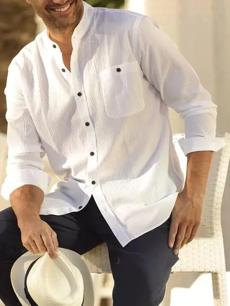 

Cotton Linen Plain Color Casual Long Sleeve Shirt, White, Long Sleeve Shirts