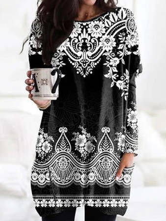 

Loose Floral Crew Neck Dresses, Black, Dresses