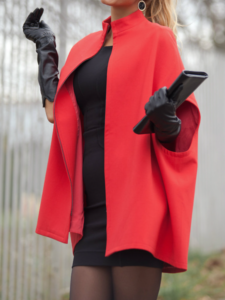 

Stand Collar Loose Urban Stand Collar Mid-long Overcoat, Red, Coats