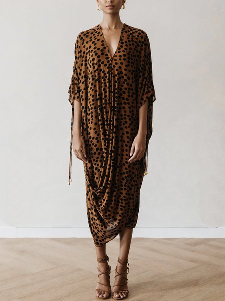 

Loose Cross Neck Half sleeve Midi Dress, Brown, Midi Dresses
