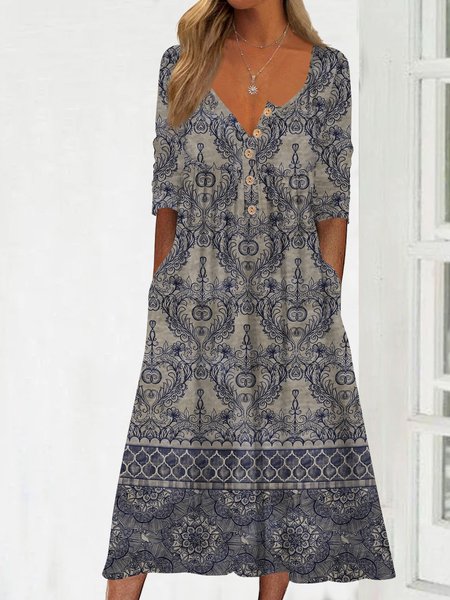 

Damask Gradient half open button Long Dress, Blue, Dresses