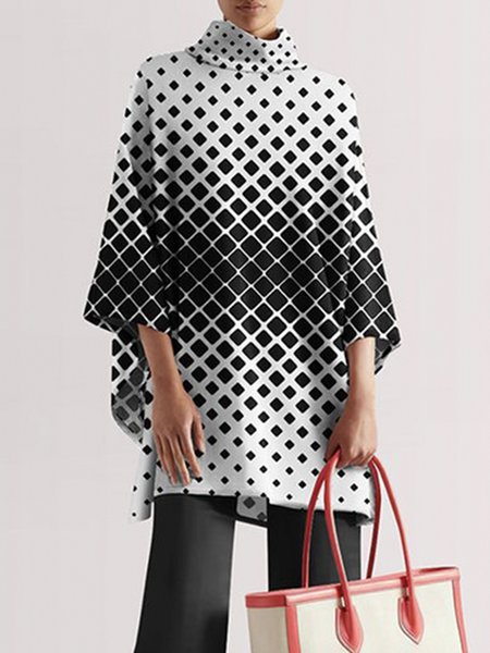 

Loose Turtleneck Geometric Three Quarter Sleeve Blouse, Black-white, Tops