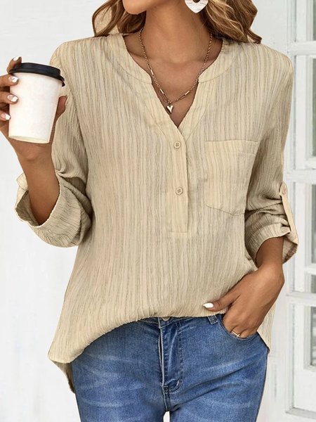 

Cotton linen texture plain color half open button loose shirt, Apricot, Blouses & Shirts