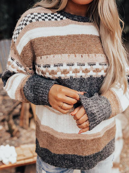 

Knitting Geometric Crew Neck Sweater, Multicolor, Sweaters