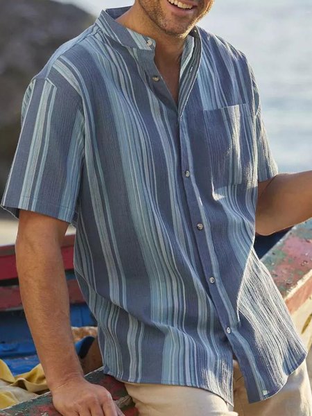 

Cotton Linen Striped Casual Short Sleeve Shirt, As picture, Short Sleeve Shirts