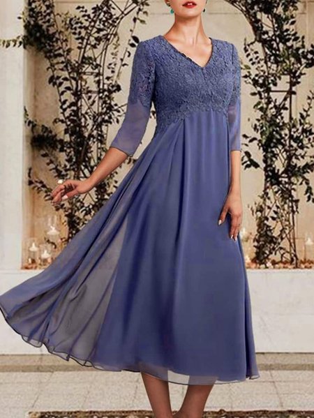 

Elegant Plain Lace Panel Slim Fit Dress, Blue, Midi Dresses