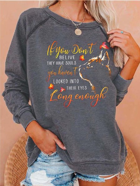 

Women Looked Into Their Eyes Cat Letters Crew Neck Cat Sweatshirt, Gray, Hoodies&Sweatshirts