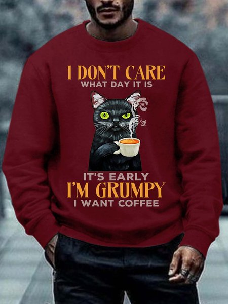 

Men Early Grumpy I Want Coffee Cat Crew Neck Regular Fit Text Letters Sweatshirt, Red, Hoodies&Sweatshirts