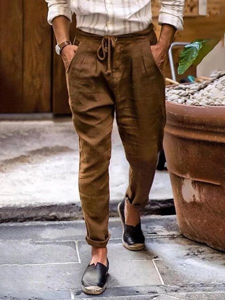 

Cotton and Linen Plain Hawaiian Casual Trousers, As picture, Men's pants