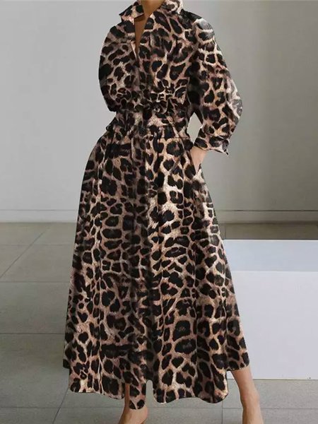 

Daily Long sleeve Shirt Collar Urban Leopard Dress, Coffee, Midi Dresses