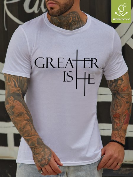 

Greater Is He Cross Waterproof Oilproof And Stainproof Fabric Men's T-Shirt, White, T-shirts