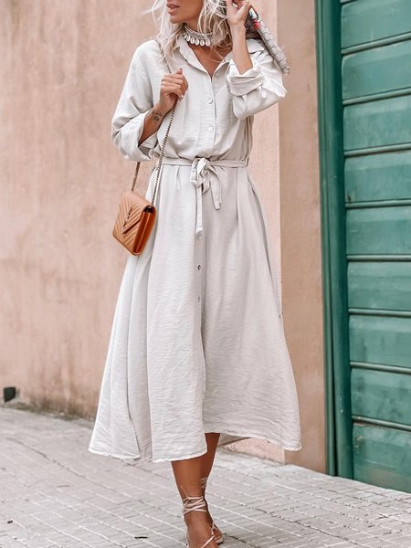

Plain button holiday loose shirt long dress plus size, Light gray, Midi Dresses